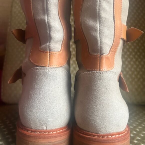 Free People Tristie Buckle Moto Tan Suede Leather Straps Knee High Boots - Picture 3 of 16